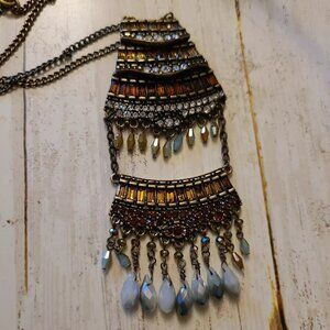 28" Capwell bronze colored chain 4.5" rhinestone pendant rust amber color N2